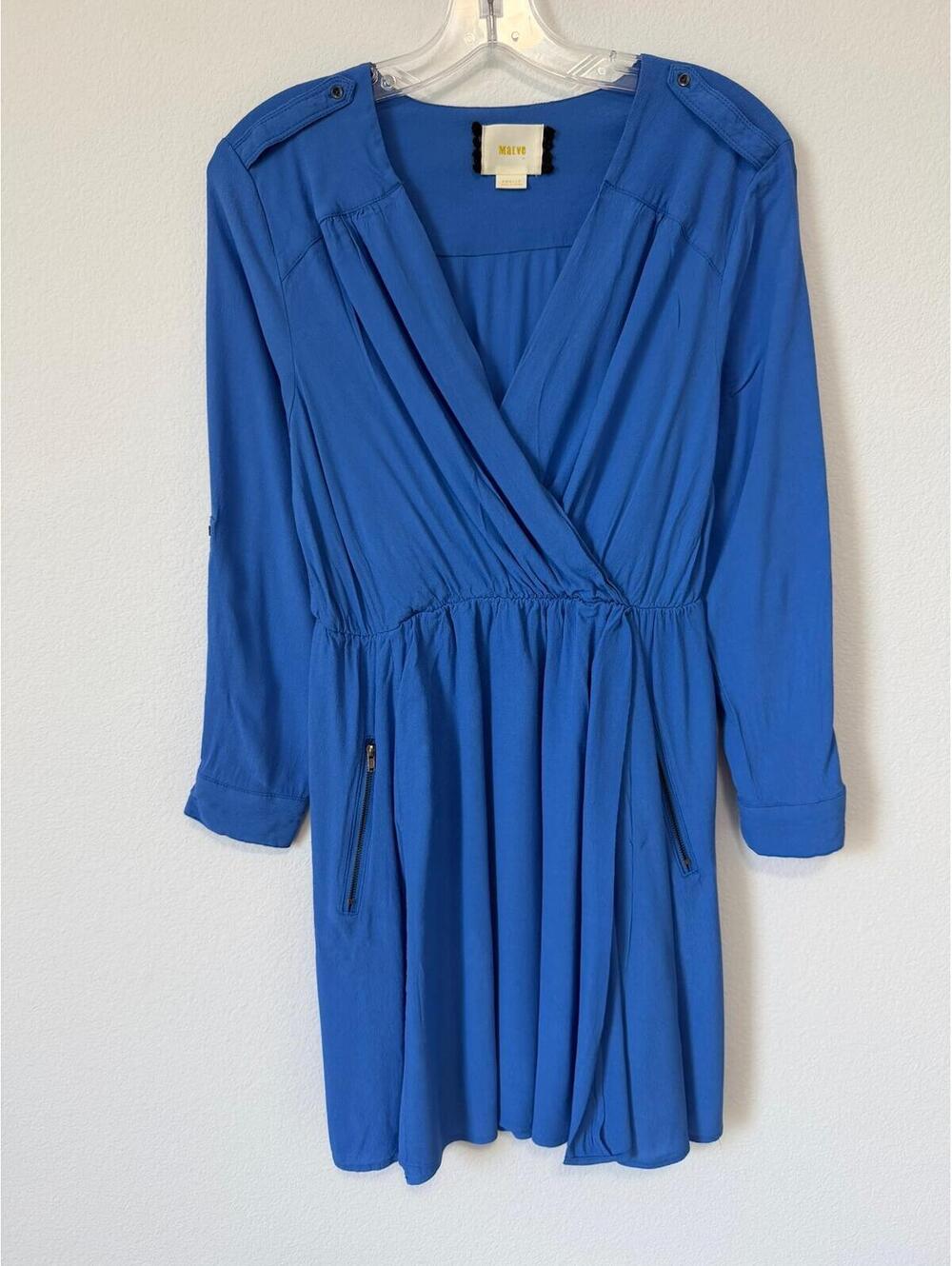 MAEVE 3/4 Sleeve V-Neck Faux Wrap Blue Lene Crepe Dress Women's Size S Petite